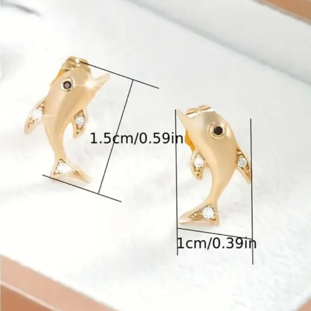 Dolphin Stud Earrings 14K Gold Plated CZ Sea World Nautical Ocean Marine Jewelry